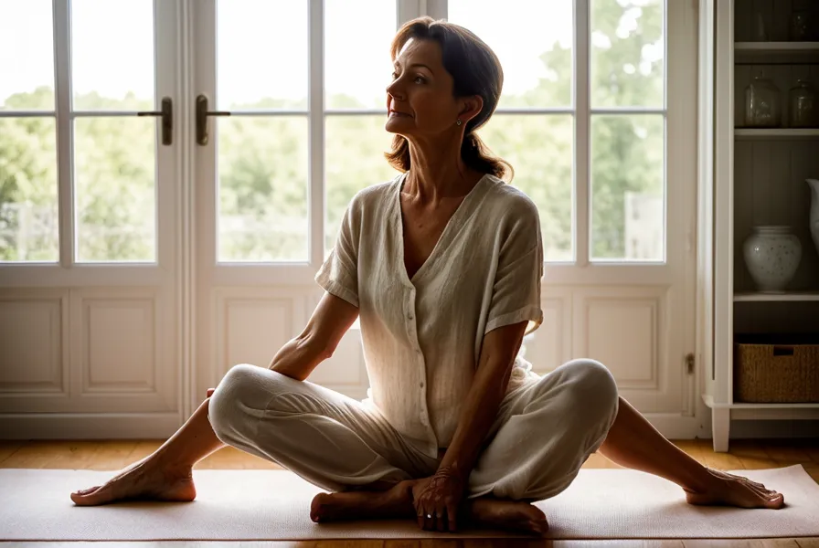 Gros plan de pieds nus sur un tapis de yoga, pratique de yoga doux en routine maison le matin