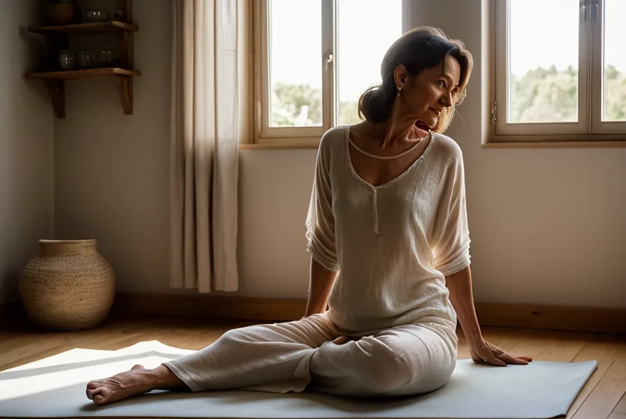 Pieds nus sur un tapis de yoga doux, routine minimaliste pratiquée à la maison