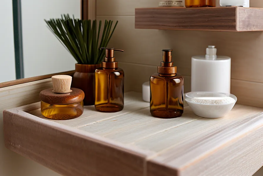 Flacons ambrés d'huile de jojoba et ingrédients pour un soin du visage naturel fait à la maison