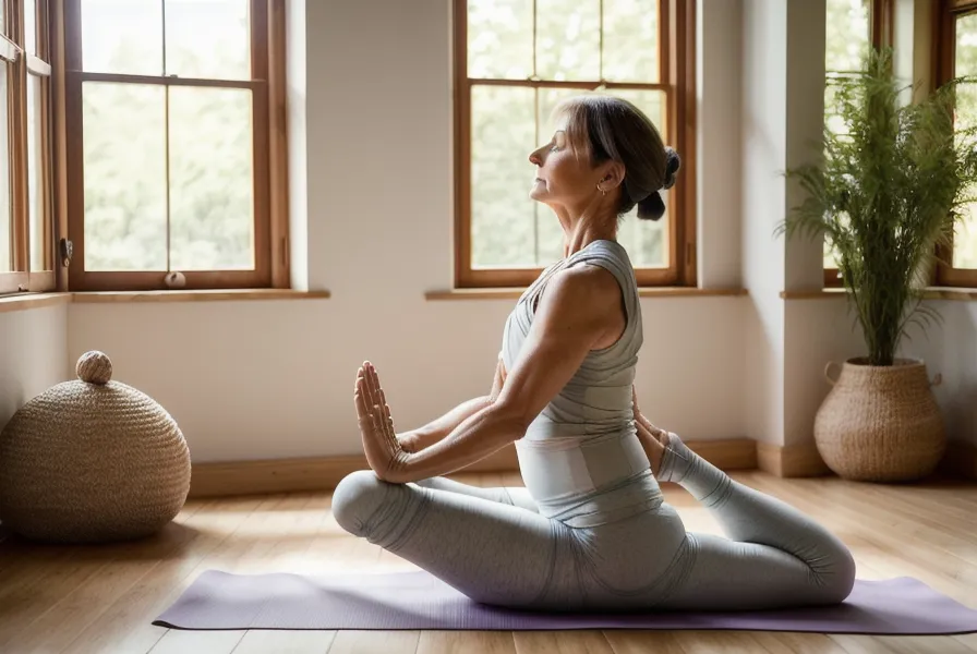 Yoga doux pour la digestion naturelle : torsion douce pratiquée sur un tapis à la maison