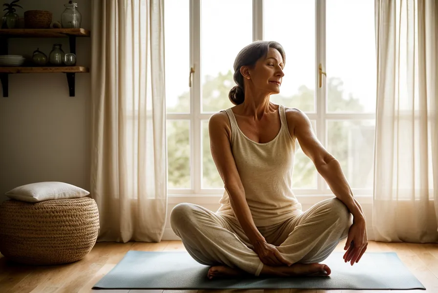 Flacon d'huile de massage naturelle utilisé après une séance de yoga doux pour le bien-être au quotidien