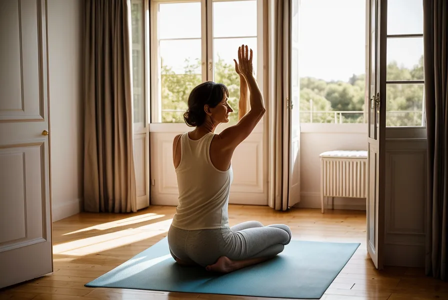 Posture de yoga douce ouvrant la poitrine et le dos pour tonifier les bras en douceur