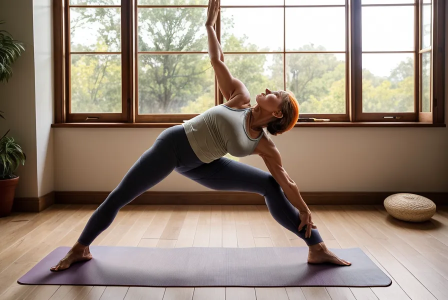 Gros plan d'un tapis de yoga poussiéreux que l'on déplie sur un sol en terre cuite.
