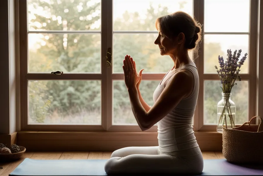 Routine beauté naturelle quotidienne quand on manque de temps : tapis de yoga doux et soins naturels pour une routine minimaliste après 40 ans