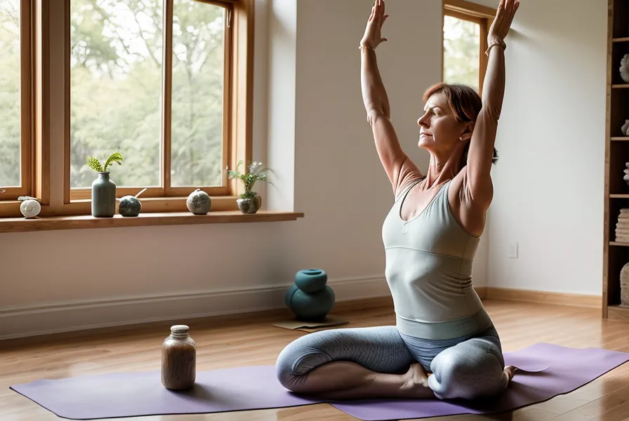 Détente après une séance de yoga doux du matin, routine matinale et bien-être après 40 ans