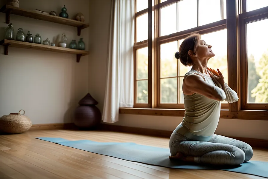 Gros plan sur des pieds nus sur un tapis de yoga doux, avec un flacon de soin maison posé à côté pour le rituel du soir.