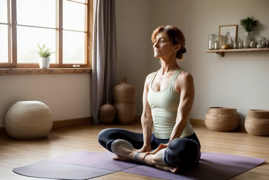 Fenêtre ouverte sur les toits d'Aix-en-Provence à la tombée de la nuit, pendant une séance de yoga doux pour la routine du soir.