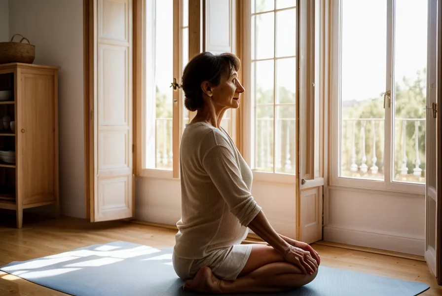 Agilité naturelle et hanches raides : main posée sur la hanche sur un tapis de yoga doux