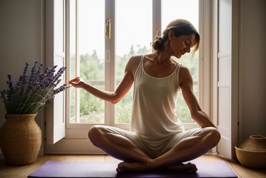 Tapis de yoga et posture jambes au mur pour soulager les jambes lourdes, séance de yoga doux